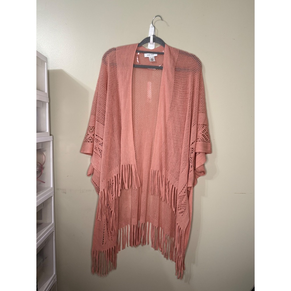 Nine West Coral Pink Open Knit Fringe Kimono Cardigan Wrap Cover Up One Size